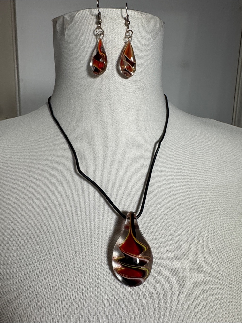 Handmade Red Glass Teardrop Necklace & Earring Set